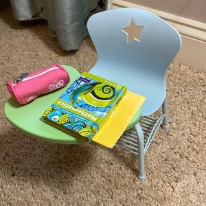 American Girl desk, books and backpack